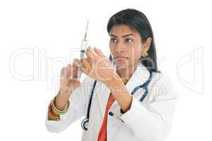 Indian female doctor with syringe