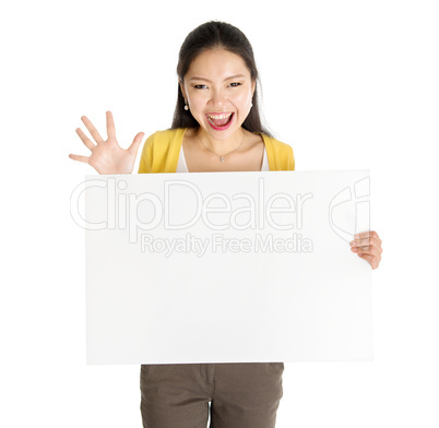 Asian girl holding white blank paper card