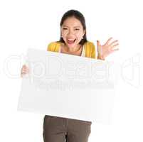 Asian female holding white blank paper card