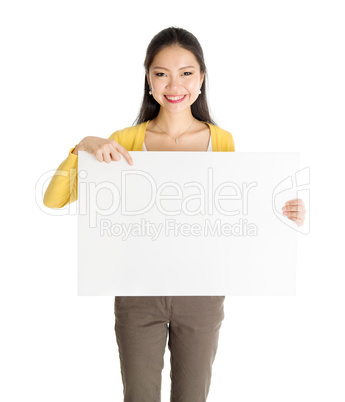 Asian woman holding white paper card