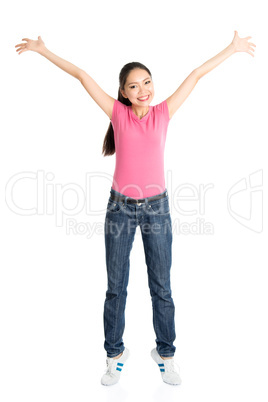 Happy young Asian female arms raised