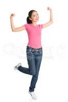 Happy young Asian woman arms raised