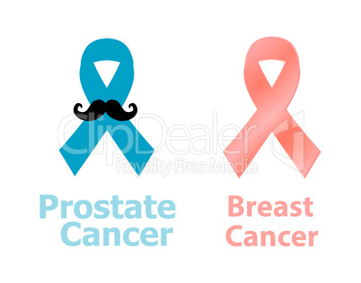 woman pink breast cancer ribbon awareness and blue prostate cancer ribbon awareness. Isolated on white