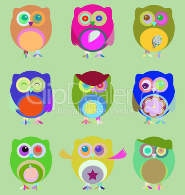 Set of nine cartoon owls with various emotions