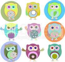 colorful owls with nine color combinations isolated on white