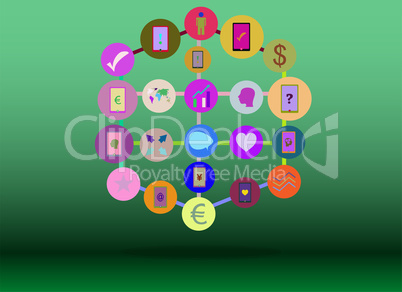 Social media network. Connected symbols for interactive, market, digital, communicate, connect, global concepts. Background with circles, lines and integrate flat icons.