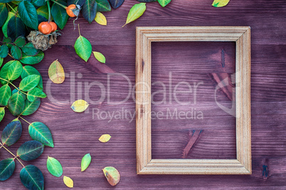 Empty wooden frame on brown wood surface among green and yellow