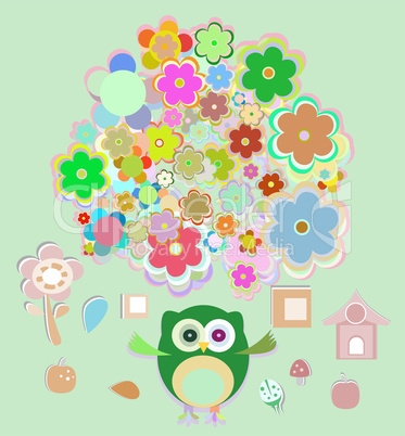 cute owl with many flowers