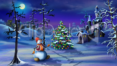 Snowman and Christmas Tree Near a Magic Castle