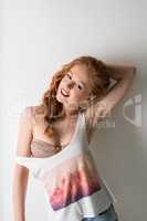Image of pretty girl bared her shoulder and bra