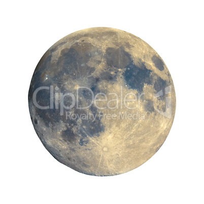Full moon seen with telescope, enhanced colours, isolated