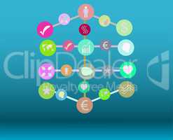 Technology network. Connected symbols for digital, connect, communicate, social media and global concepts. Background with lines, circles, integrate flat icons