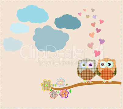 Two owls and love tree sitting on branch