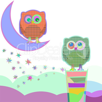 Card with two owls on branch at day, vector illustration