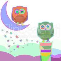 Card with two owls on branch at day, vector illustration