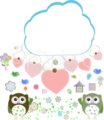 owls, birds, flowers, cloud and love heart,