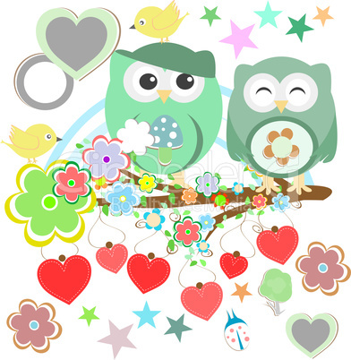 Two cute owls and bird on the flower tree branch