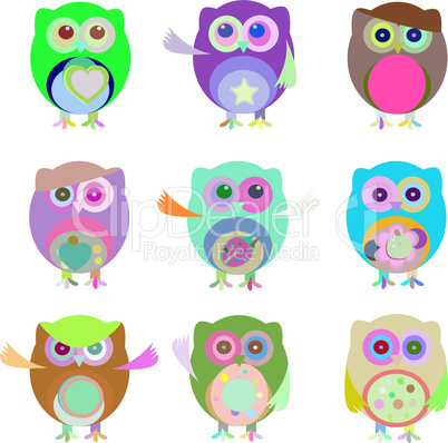 Set of nine cartoon owls with various emotions