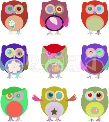 Set of nine cartoon owls with various emotions