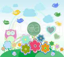 Background with owl, birds, flowers, clouds and trees