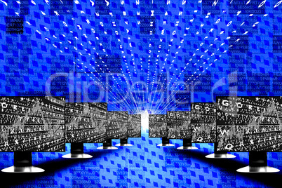 Numbers flow with computer screens, 3d illustration