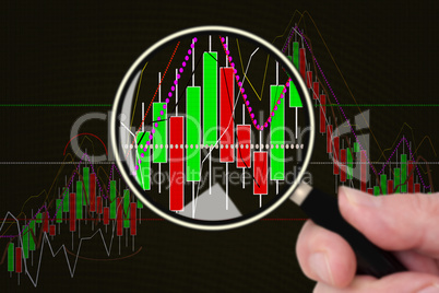 Hand with magnifying glass in front of chart