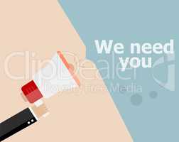 flat design business concept. We need you. Digital marketing business man holding megaphone for website and promotion banners.