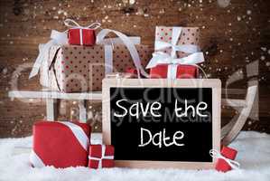 Sleigh With Gifts, Snow, Snowflakes, English Text Save The Date