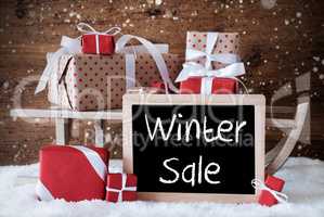 Sleigh With Gifts, Snow, Snowflakes, Text Winter Sale