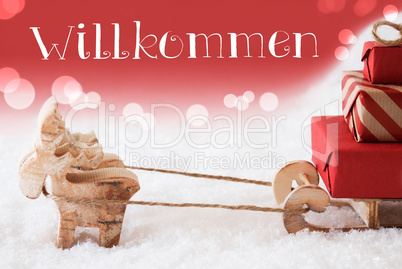 Reindeer With Sled, Red Background, Willkommen Means Welcome