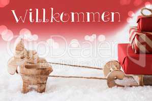 Reindeer With Sled, Red Background, Willkommen Means Welcome