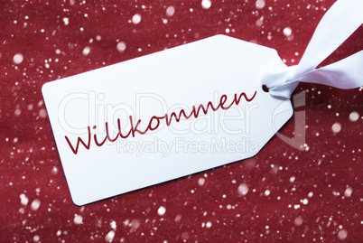 Label On Red Background, Snowflakes, Willkommen Means Welcome