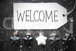 Black Christmas Balls, Snowflakes, Text Welcome