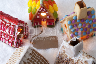 Colorful Gingerbread Houses, Snow, Label Copy Space