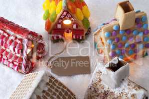 Colorful Gingerbread Houses, Snow, Label Copy Space