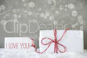 Gift, Cement Background With Bokeh, Text I Love You