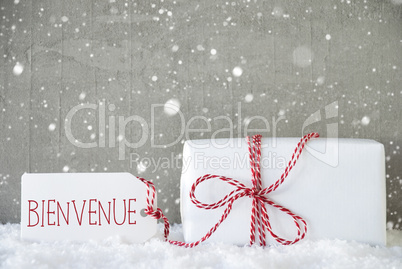 Gift, Cement Background With Snowflakes, Bienvenue Means Welcome