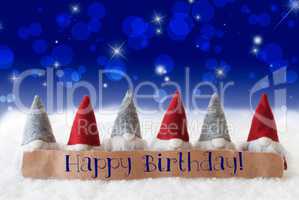 Gnomes, Blue Background, Bokeh, Stars, Text Happy Birthday