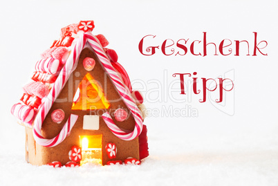 Gingerbread House, White Background, Geschenk Tipp Means Gift Tip