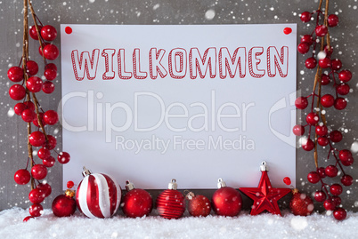 Label, Snowflakes, Christmas Balls, Willkommen Means Welcome