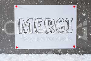 Label On Cement Wall, Snowflakes, Merci Means Thank You