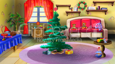 Christmas Tree in Baby Room Interior.