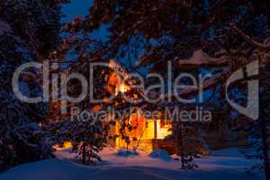 Snowy Pine Branches on a Background of Lighted Forest Cottage