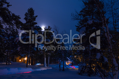 Christmas Lighting of the Village in the Winter Forest and Moon