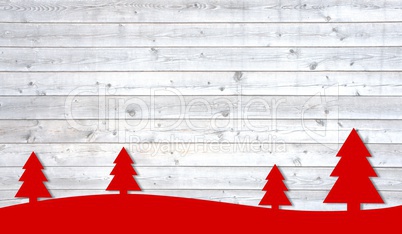 Helle Holzbretter und rote Weihnachts-Landschaft