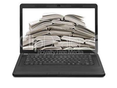 stack of books on a laptop screen isolated on white background