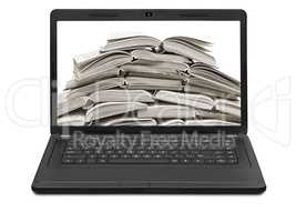 stack of books on a laptop screen isolated on white background