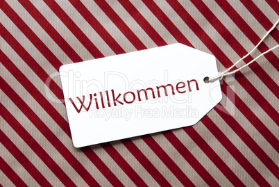 Label On Red Wrapping Paper, Willkommen Means Welcome