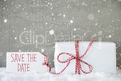 Gift, Cement Background With Snowflakes, English Text Save The Date