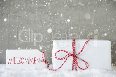 Gift, Cement Background With Snowflakes, Willkommen Means Welcom